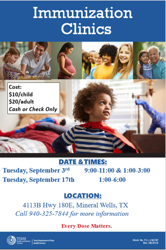 Flyer with dates, times and locations of the immunization clinics.