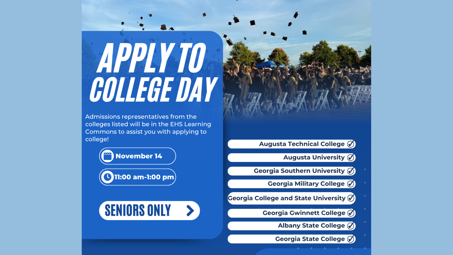 Event poster for 'Apply to College Day' with details and logos of participating colleges.