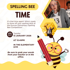 Bee holding a red pencil and a picture of a girl competing