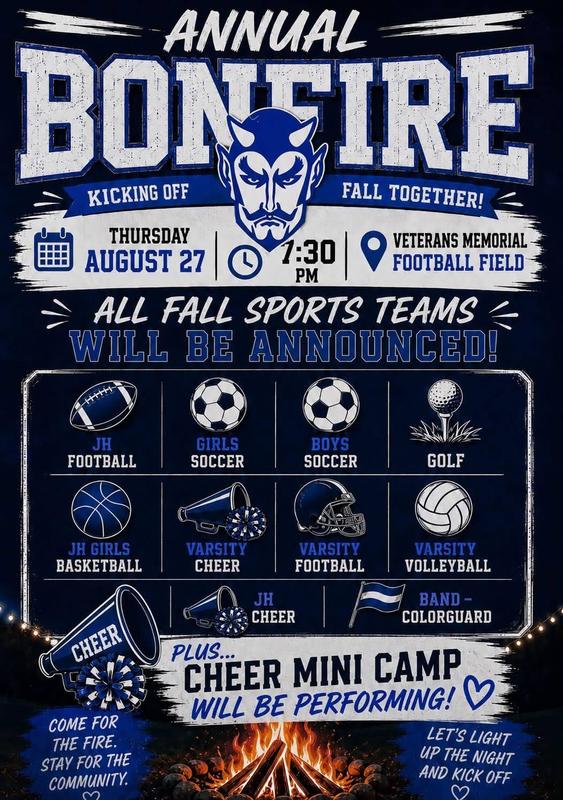 Annual fall bonfire- 8/27/26 at 7:30 PM- Veteran's Memorial Field