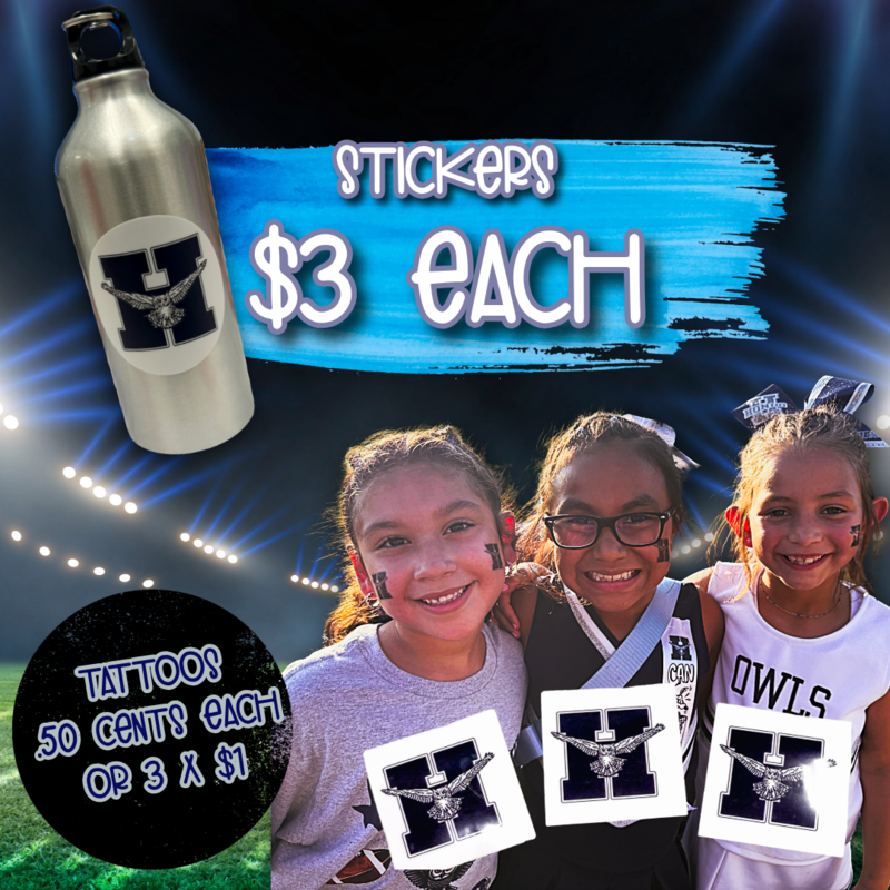 stickers $3 each, tattoos 50 cents each or 3 x $1