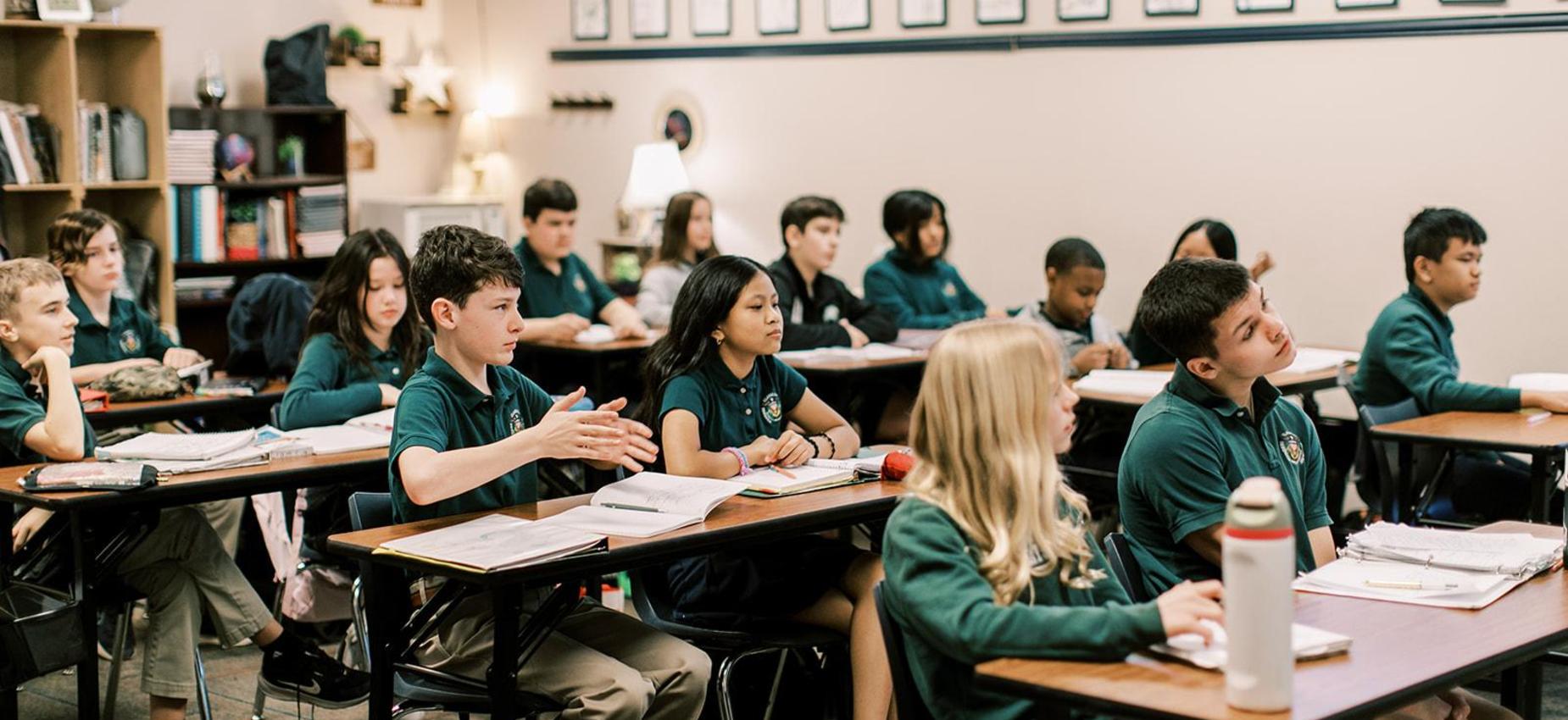 Students work at their desks in a full classroom at Founders Classical Academy &ndash; Lewisville