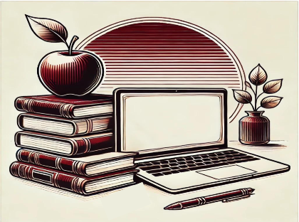 Illustration of a laptop next to a stack of books with an apple resting on the top
