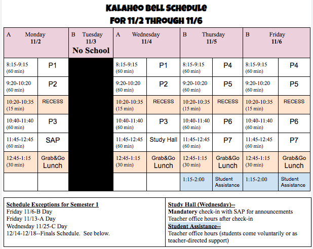 November 11/2-11/6 Bell Schedule