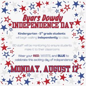 Independence Day announcement with red, white, and blue stars and text.