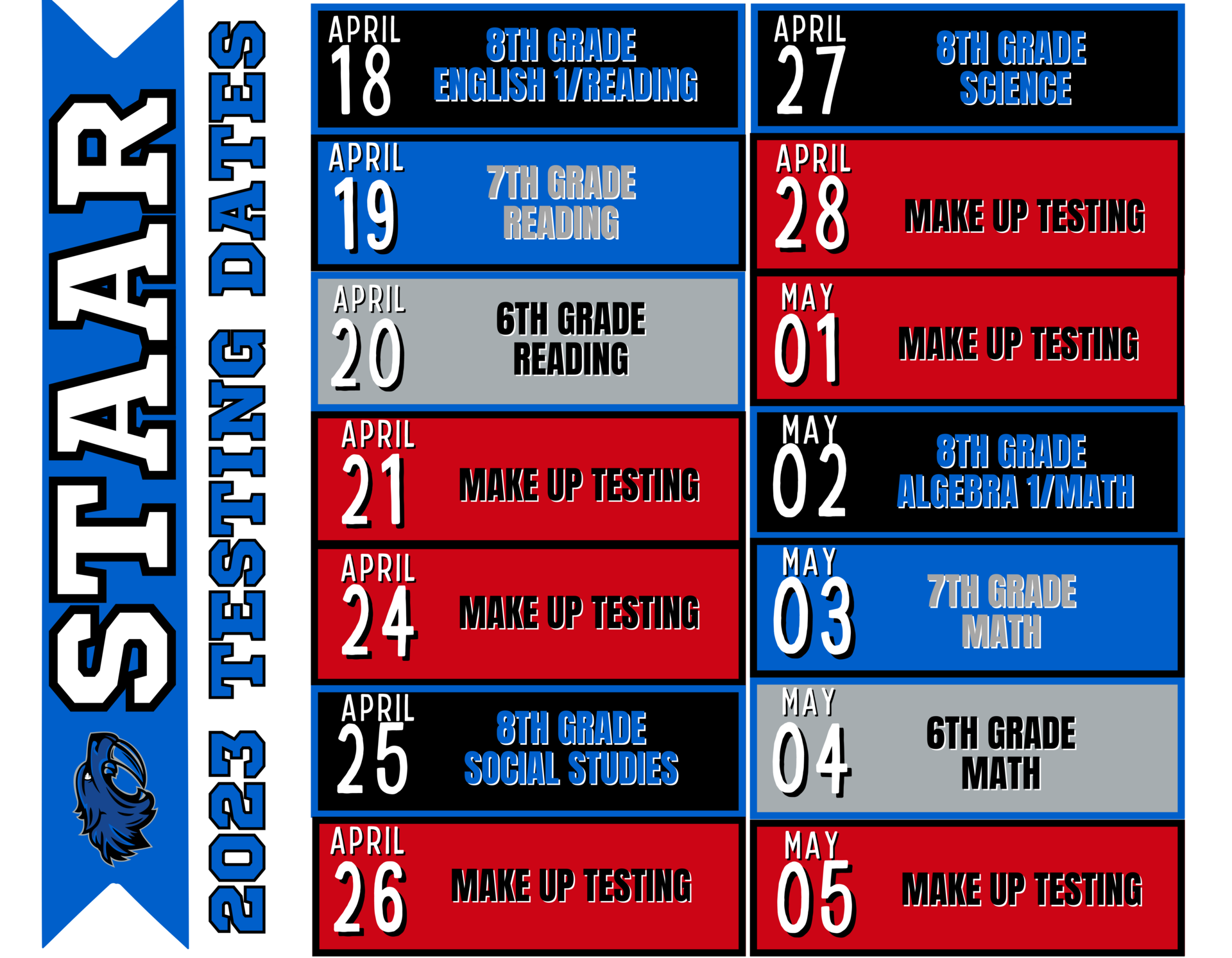2023 STAAR TESTING DATES – Campus Info – South Middle School
