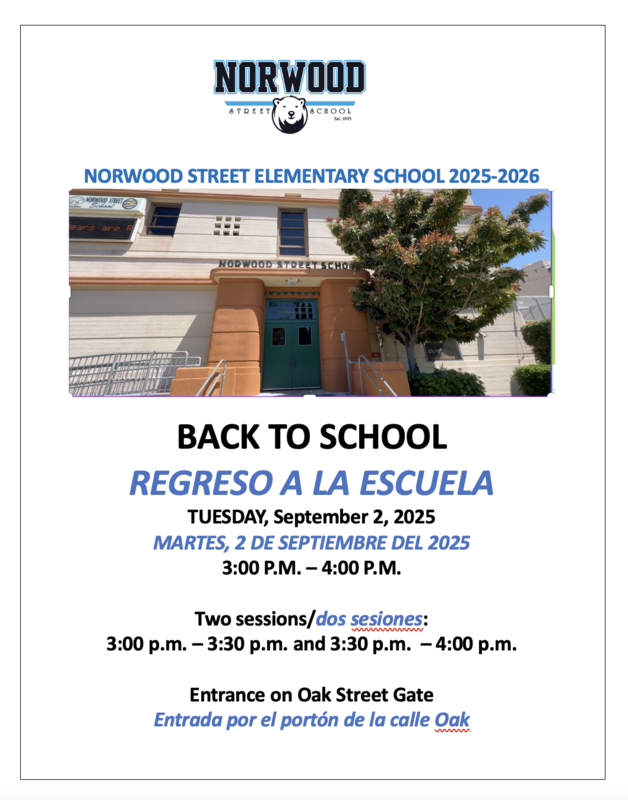 BACK TO SCHOOL on Tuesday, September 2, 2025 from 3-4 pm.Entrance on Oak Street Gate / REGRESO A LA ESCUELA el martes, 2 de septiembre 2025 de las 3-4 pm Entrada en el portón de la calle Oak