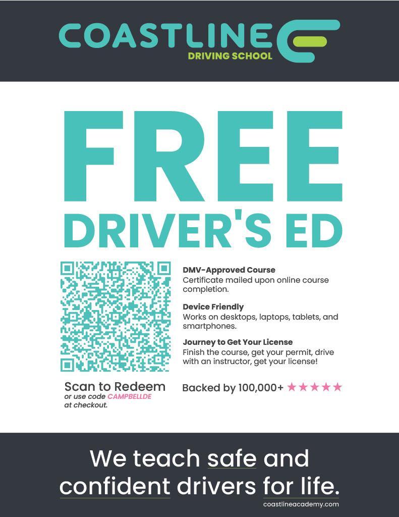 Info image about driver's education with a QR code for registration