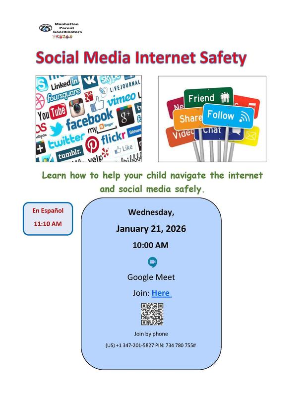 Poster about Social Media Internet Safety with logos of various social media platforms. - English