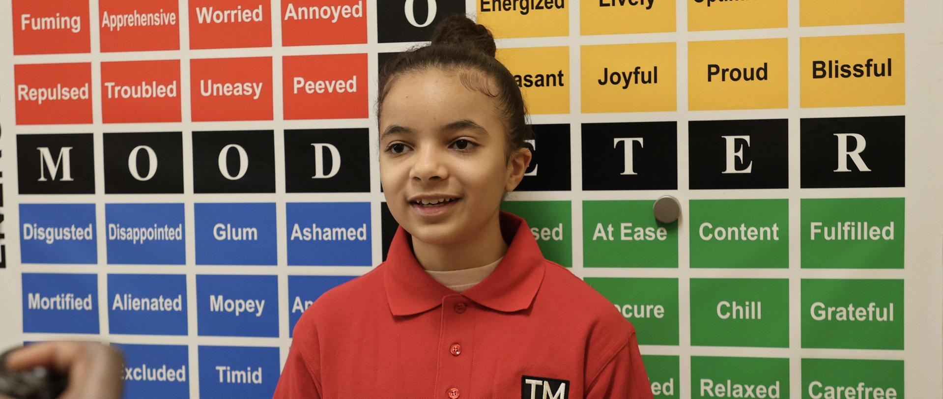 Student presenting in front of mood meter