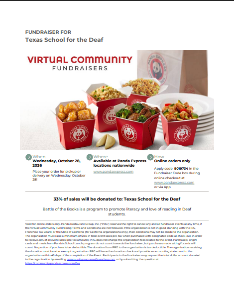 A fundraising flyer for Texas School for the Deaf showcasing Panda Express food items.