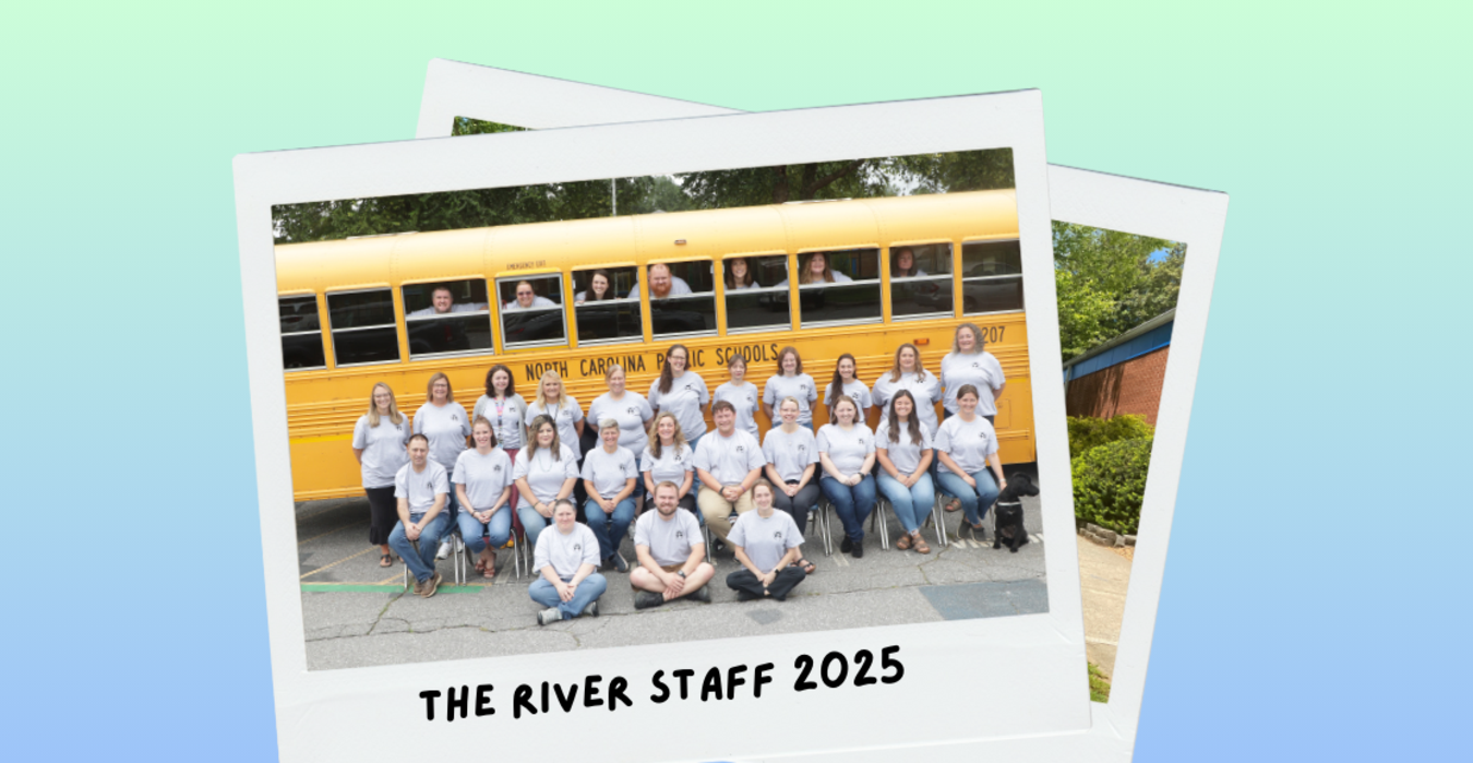 A group photo of the River Staff 2025 in front of a yellow school bus.
