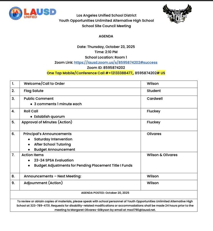 YOUAHS SSC meeting flyer for Oct 23, 2025, at 2:10 PM. Zoom link, agenda, and contact info