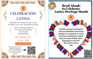 Two flyers side-by-side, one for the Celebracion Latina and the other soliciting volunteers for a read-aloud program in classrooms.