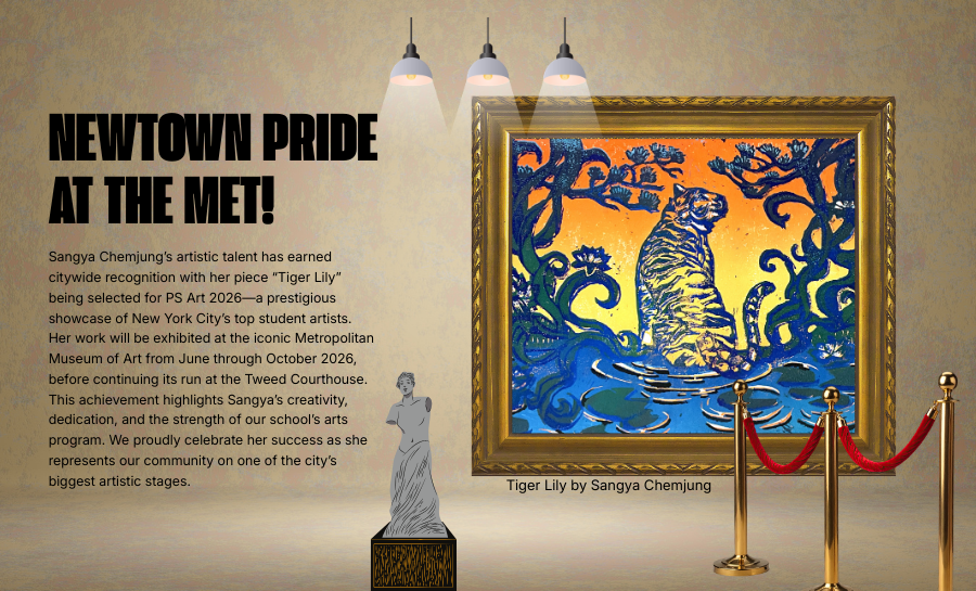 A framed, colorful painting of a tiger in a stylized jungle hangs on a museum wall under bright spotlights. A red rope barrier runs in front of the artwork, and a classical white statue on a pedestal stands to the right. Text above the painting announces that student artist Sangya Chemjung&rsquo;s piece &ldquo;Tiger Lily&rdquo; has been selected for the PS Art 2026 exhibition at the Metropolitan Museum of Art, celebrating her achievement and the strength of her school&rsquo;s arts program. The caption &ldquo;Tiger Lily by Sangya Chemjung&rdquo; appears below the artwork.