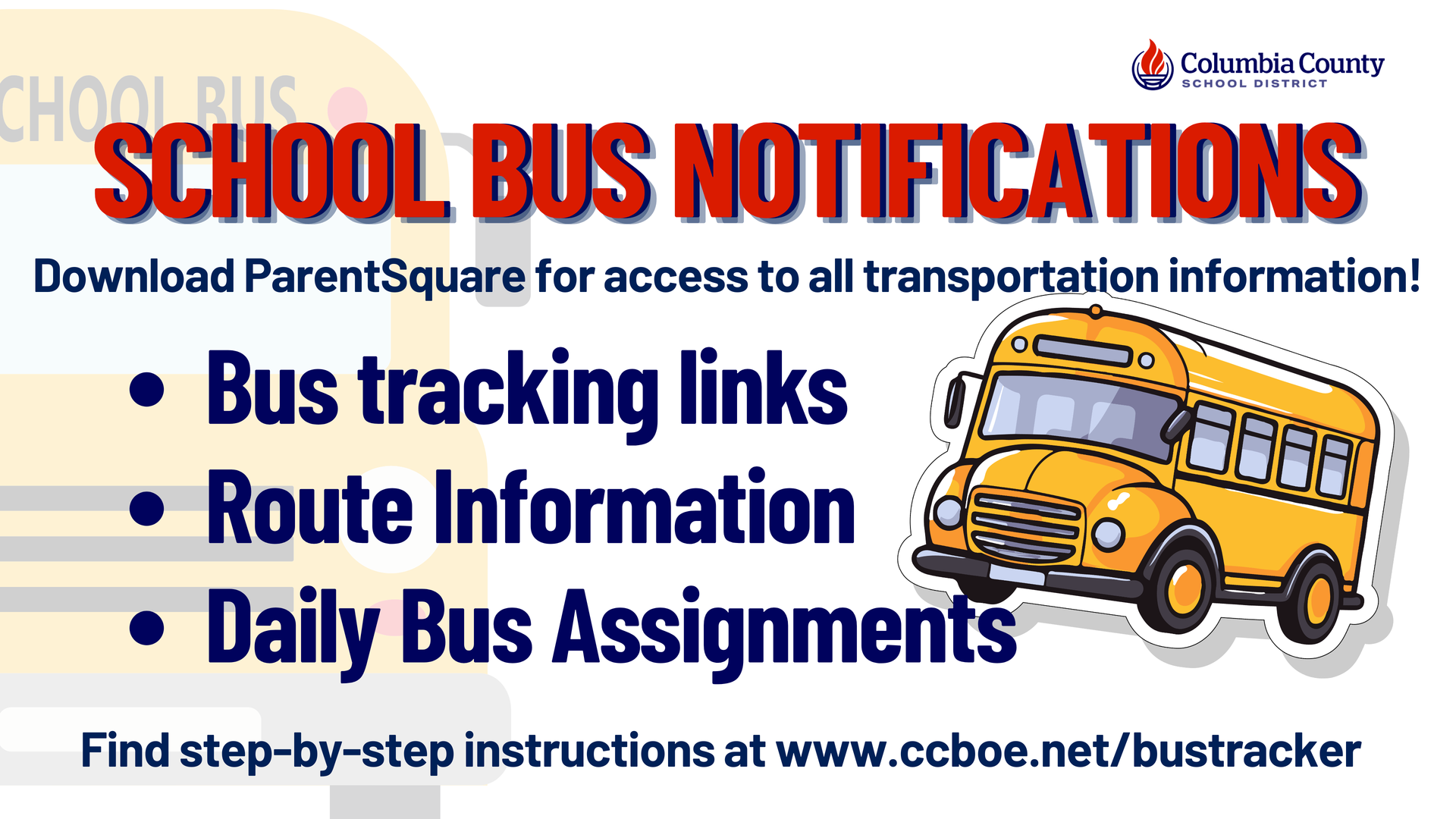 Announcement for school bus notifications with yellow bus illustration.