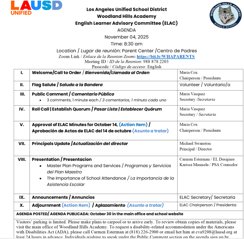 ELAC Agenda - 3:10 PM - November 4, 2025 - 8:10 AM - Parent Center Featured Photo