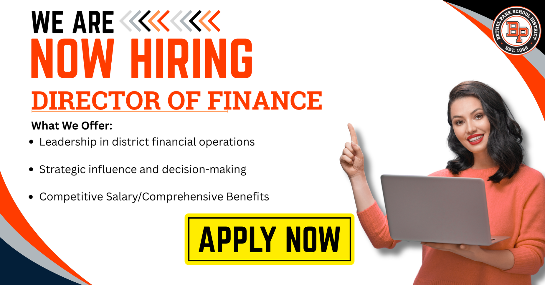 Job advertisement for Director of Finance with a woman and laptop.