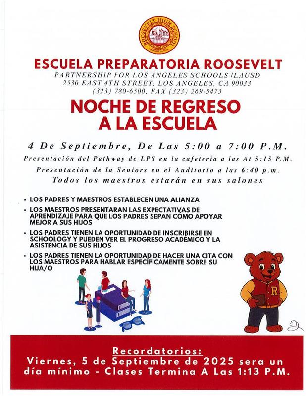 Roosevelt High School Back to School Night Flyer 2