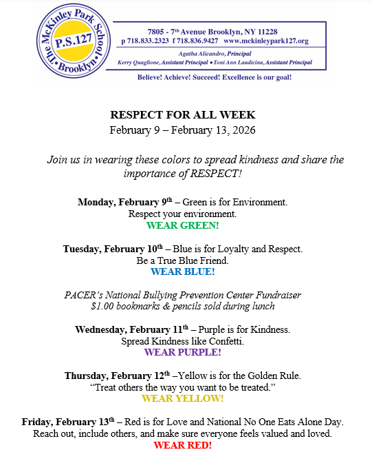 Event flyer for Respect for All Week with color themes for each day.