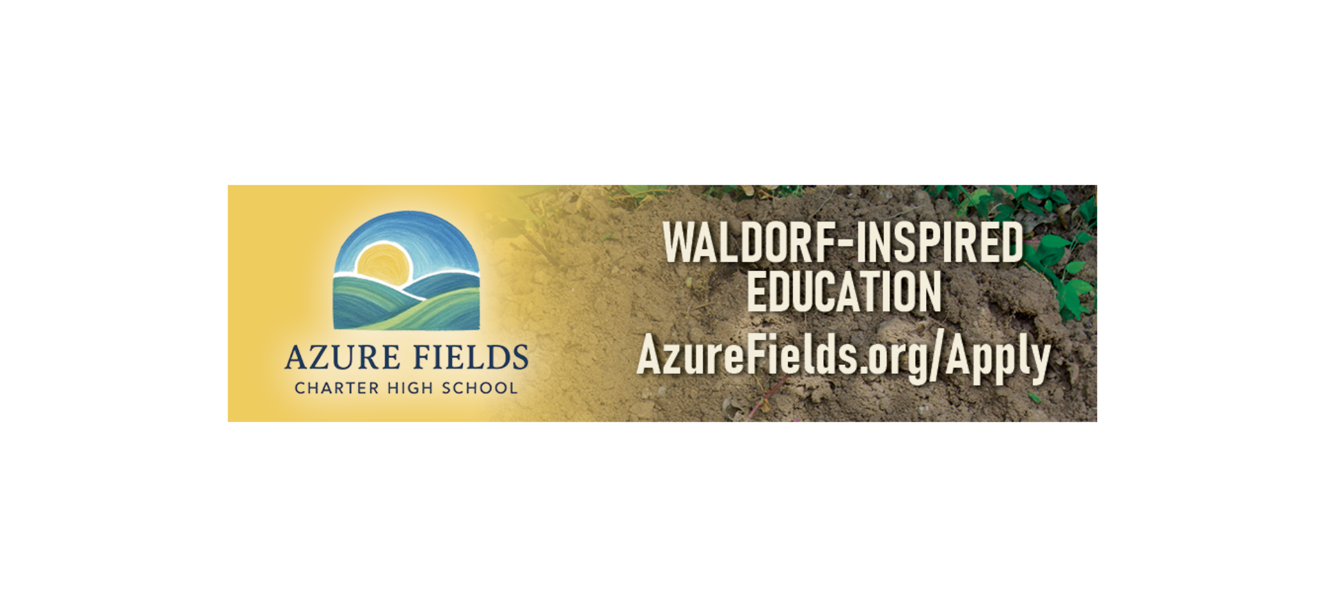 Azure Fields logo: sun rising over hills. Waldorf-Inspired Education AzureFields.org/Apply