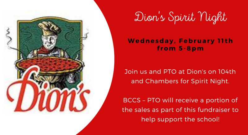 Dion's logo on red and white background. Text about Spirit Night.