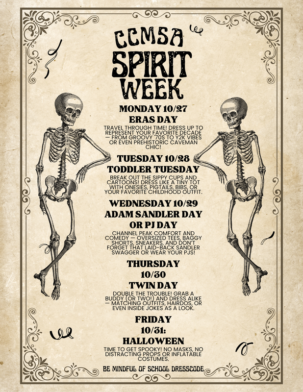 CCMSA Spirit Week flyer listing daily dress-up themes from October 27–31.
