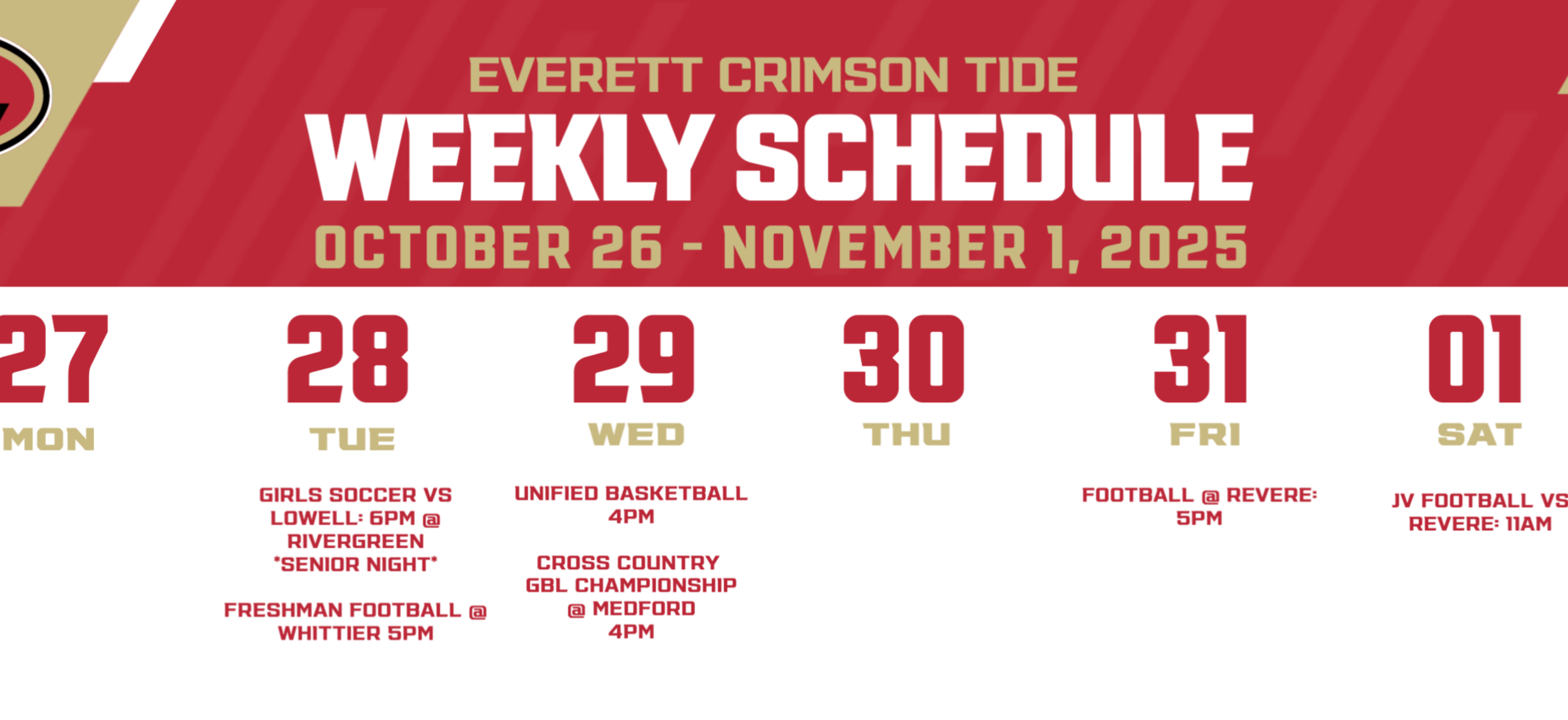 Weekly schedule for the Everett Crimson Tide outlining events from October 26 to November 1, 2025.