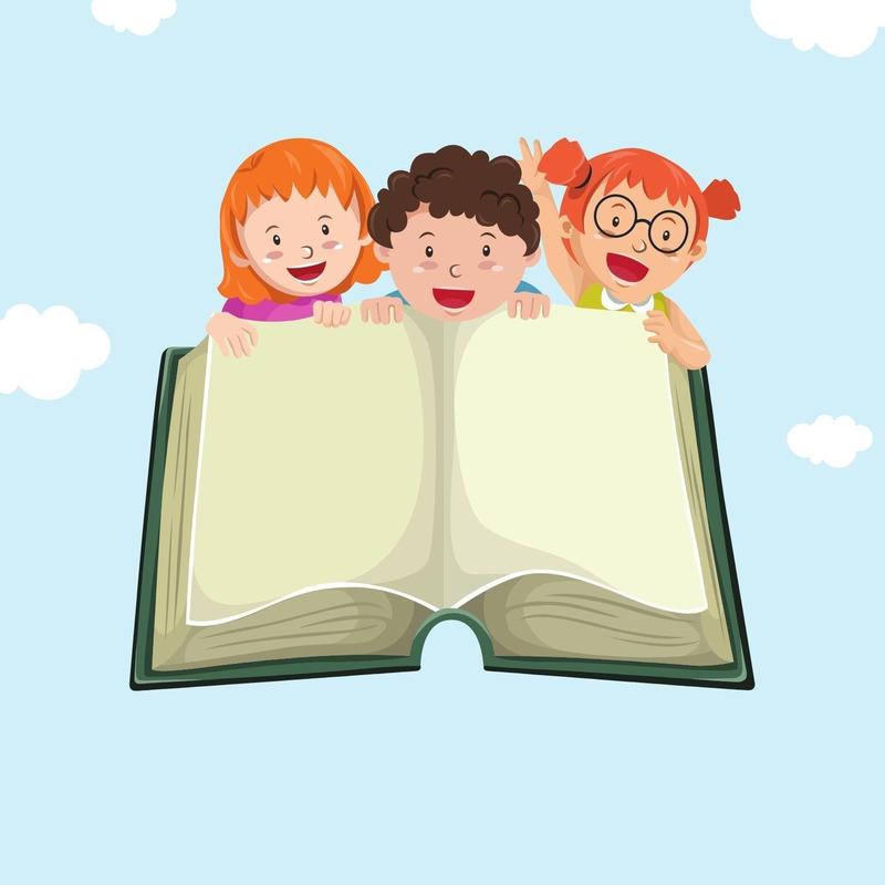 clipart image of three children behind an open book