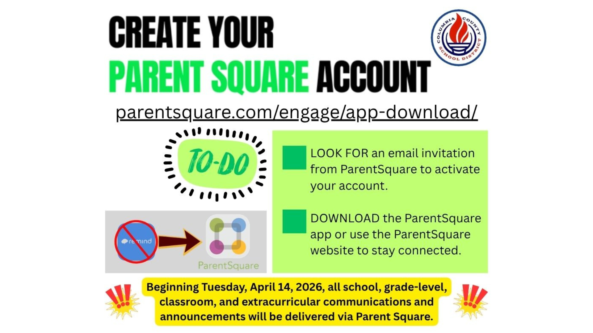 Create an account reminder for ParentSquare with to-do list instructions.