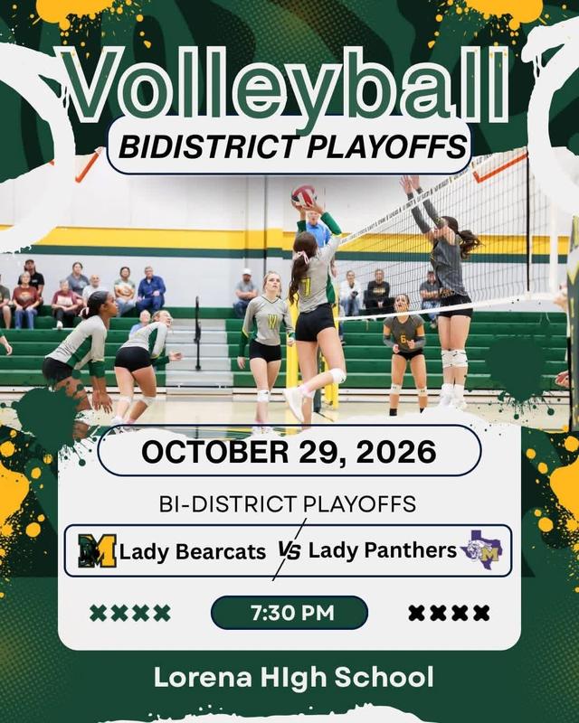 Volleyball playoffs Oct. 29, 2026 at 7:30 p.m. Lorena High School picture of volleyball players at the net