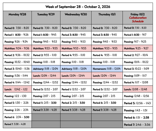 Bell Schedule Sept. 28 - Oct. 2