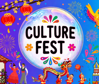 Culture fest in a white circle with illustrated lanterns dragons dancers around the border