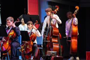 Cellos perform on stage
