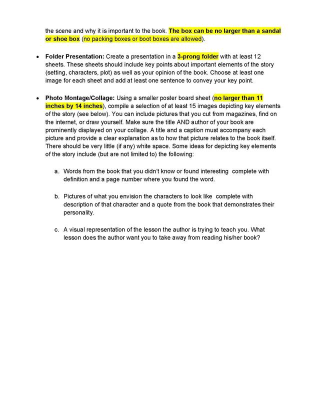 Required Summer Reading Project for Rising 6th-8th Grades Returning for the 2026-2027 School Year