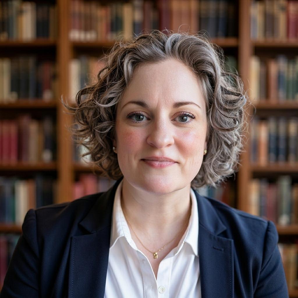 Smiling woman with curly gray hair in front of a bookcase.