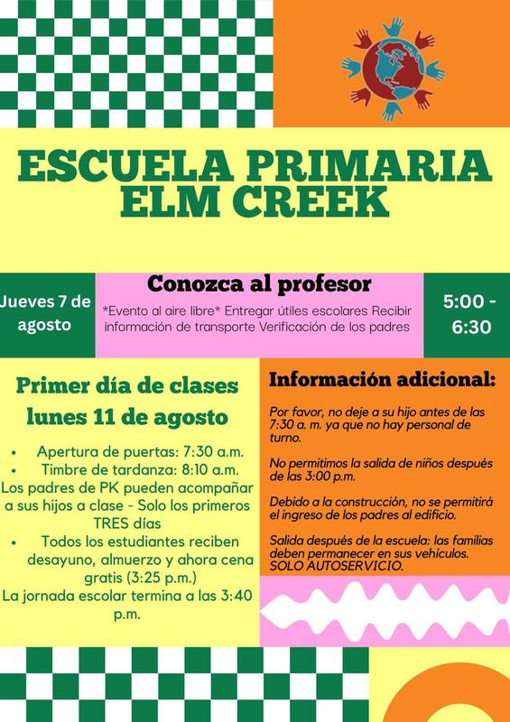 yellow, orange, green and white checkered background; Spanish text
