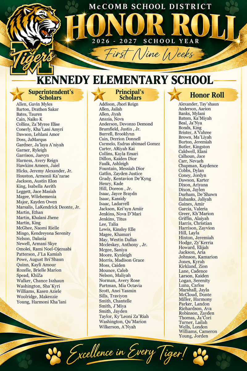 1st Nine Weeks Honor Roll 2026-27