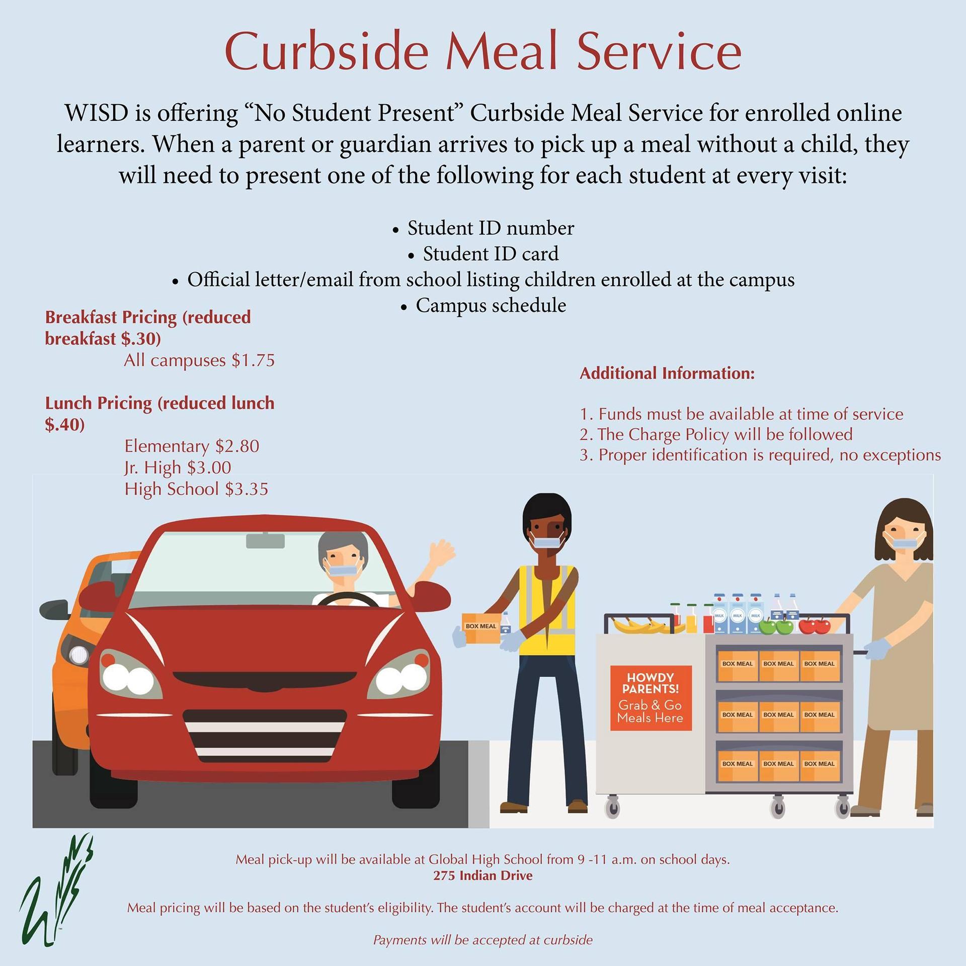 curbside meal service available 9-11 on school days at Global High School