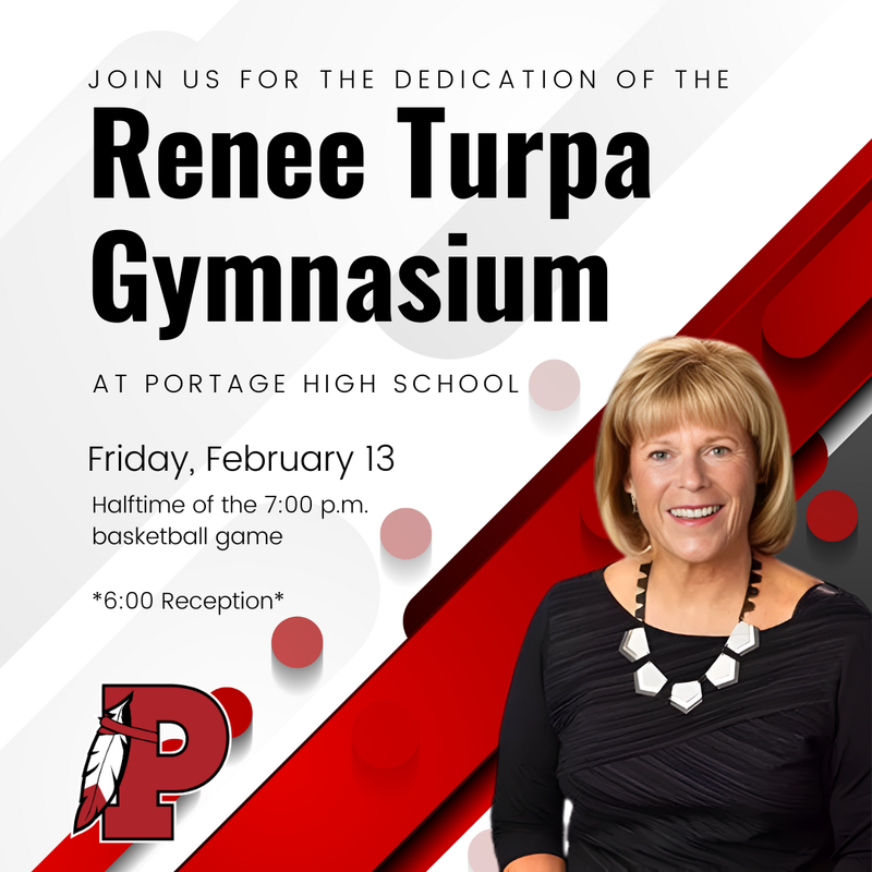 Event announcement for the dedication of the Renee Turpa Gymnasium, featuring a smiling woman.
