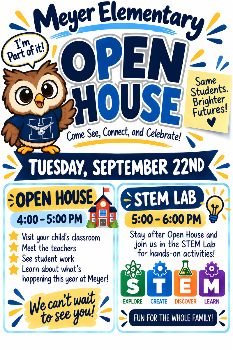 Owl mascot promoting the Open House event at Meyer Elementary on September 22nd.