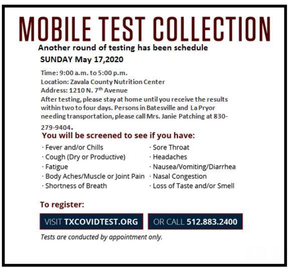 New COVID19 Testing Date set for Sunday, May 17th. Featured Photo