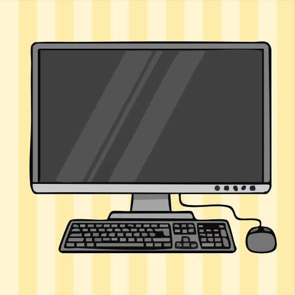 A desktop computer with a monitor, keyboard, and mouse on a striped background.