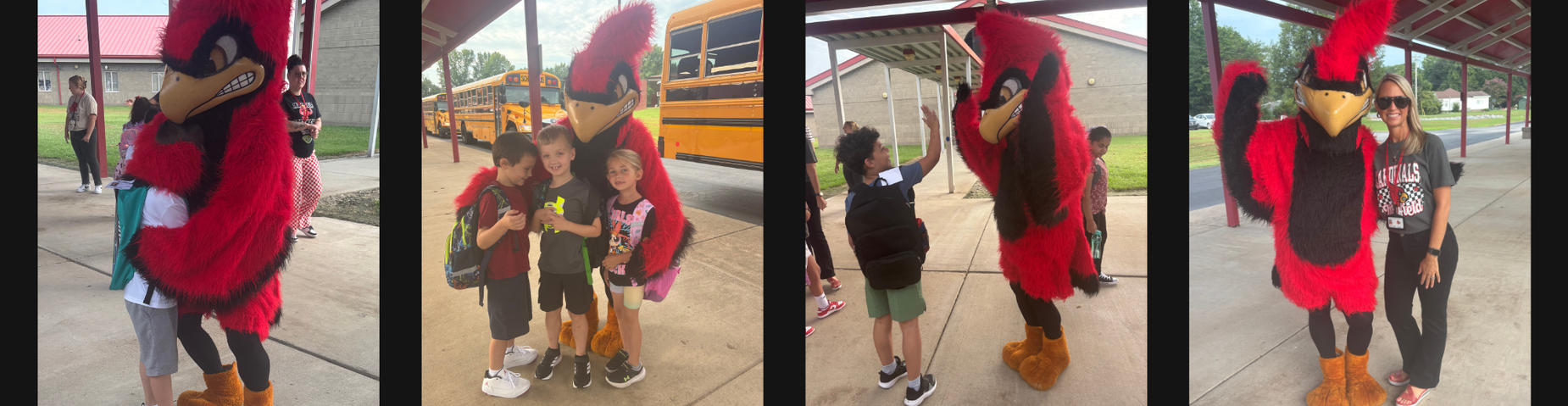 The Cardinal mascot greets children and staff near the buses.