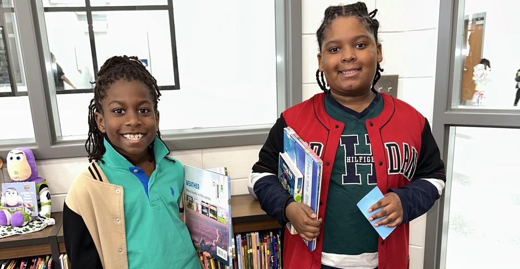 Students in the library dressed for Wacky Day.