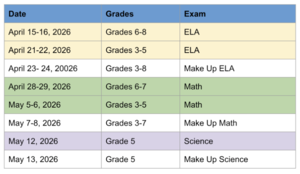 2026 NY State testing schedule.