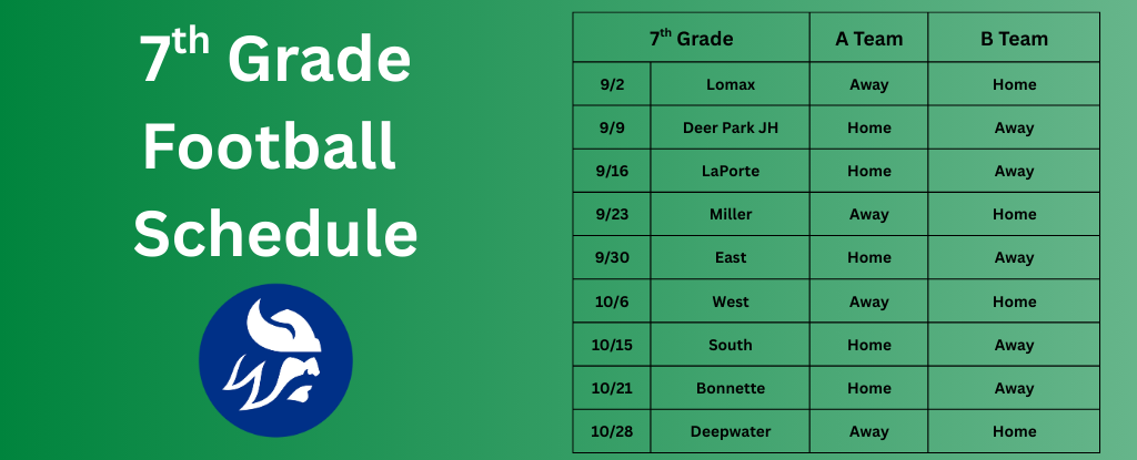 7th grade football schedule with dates, teams, and home/away details.