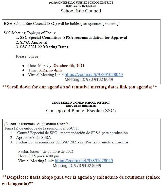 School Site Council Meeting 10/4 @ 3:15pm