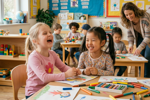 Two kindergarteners laugh together in a classroom
