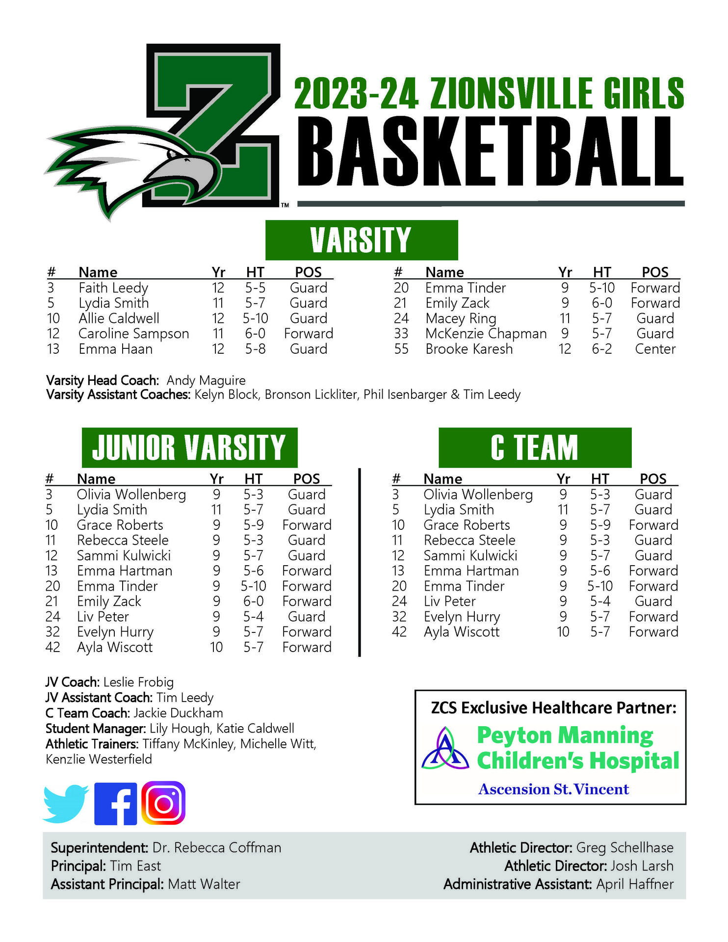 Roster Girls Basketball Zionsville Community High School
